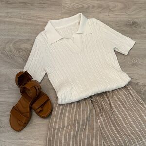 White Cable Knit Polo Sweater